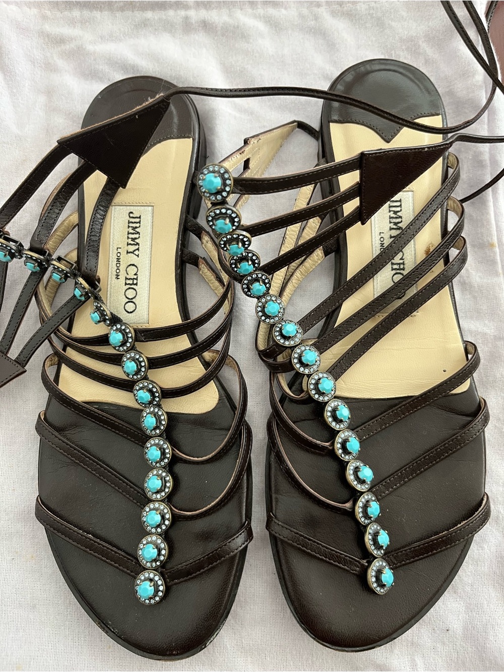 Jimmy Choo Brown Strappy Sandals with Turquoise Gem Accents